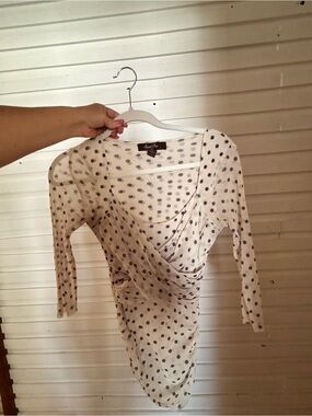 Anthropologie Cream Long Sleeve Polka Dot Wrap Top